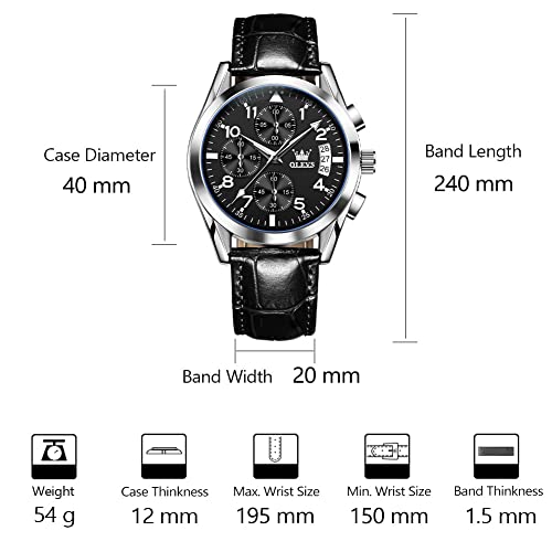 Men's Watches Black Face Silver Bezel Quartz Chronograph Watch for Men Arabic Number Luxury Mens Faux-Leather Bracelet Watches Multi-Function Easy Wear Classic Men Gifts for Him Watch Reloj De Hombre