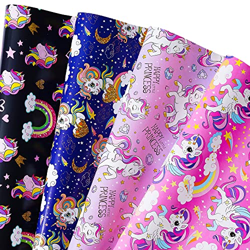 Titiweet Unicorn Wrapping Paper for Girls Kids - 12 Sheets Princess Wrapping Paper for Christmas Birthday Holiday, 20 x 28 Inches Per Sheet