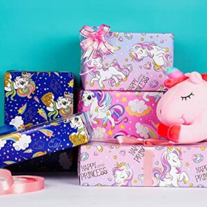 Titiweet Unicorn Wrapping Paper for Girls Kids - 12 Sheets Princess Wrapping Paper for Christmas Birthday Holiday, 20 x 28 Inches Per Sheet