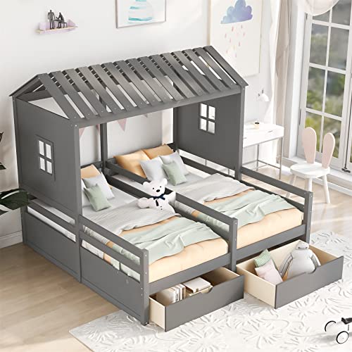 Twin House Beds for 2 Kids Wood Double Platform Bed Frame with Storage Drawers for Boys Girls Teens, Gray