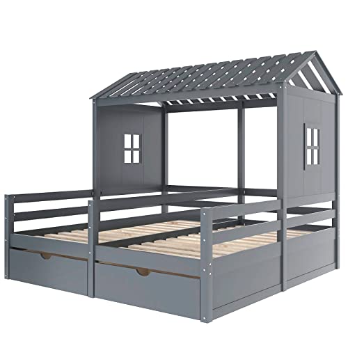 Twin House Beds for 2 Kids Wood Double Platform Bed Frame with Storage Drawers for Boys Girls Teens, Gray