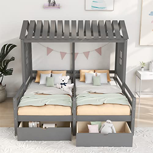 Twin House Beds for 2 Kids Wood Double Platform Bed Frame with Storage Drawers for Boys Girls Teens, Gray