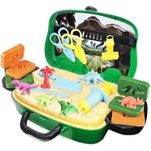 ArtCreativity Dinosaur Theme Modeling Clay Playset on Wheels, Play Dough Activity Kit with 10 Dinosaur Molding Accessories, 8 Dough Colors, & Travel Case, Safe & Non-Toxic for Kids, Great Gift Idea