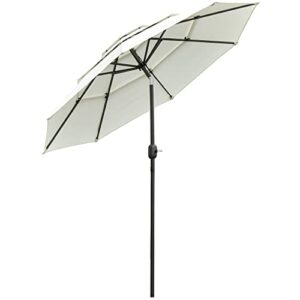 outsunny 9ft 3 tiers patio umbrella outdoor market umbrella with crank, push button tilt for deck, backyard and lawn, beige