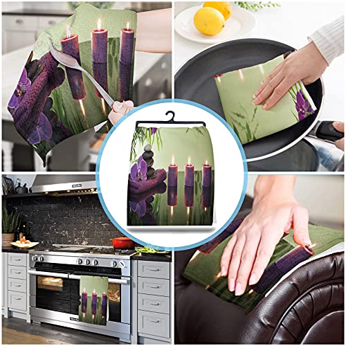 Kitchen Towels Set Zen Spa Dish Towel Butterfly Orchid Zen Basalt Stones Candle Purple Hand Towel 2 Pack Absorbent Soft Cotton Dishcloths Bar Towels & Tea Towels