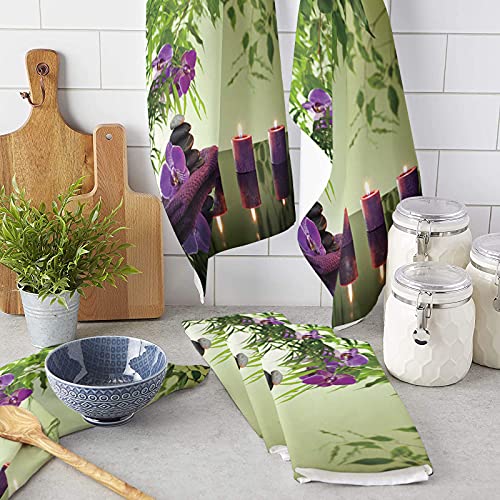 Kitchen Towels Set Zen Spa Dish Towel Butterfly Orchid Zen Basalt Stones Candle Purple Hand Towel 2 Pack Absorbent Soft Cotton Dishcloths Bar Towels & Tea Towels