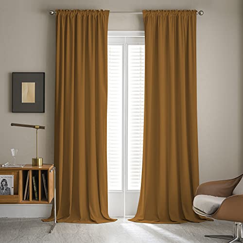 MUMFAS Velvet Curtains 84 Inches Long 2 Panels Gold Amber Brown, Super Soft Heavy Duty Luxury Drapes for Bedroom Living Room Darkening Curtains Urban Decor (Caramel Brown Rod Pocket&Back Tab)