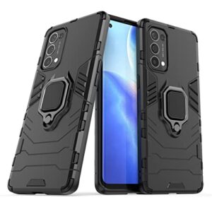 Compatible with Oppo Reno 5 Pro 5G Case, Metal Ring Grip Kickstand Shockproof Hard Bumper (Works with Magnetic Car Mount) Dual Layer Rugged Cover (Black)