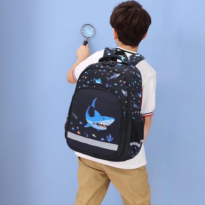 BEFUNIRISE School Backpack Kids Set Middle Elementary Preschool Kindergarten with Lunch Bag & Pencil Case Bookbags for Boys Girls Teen (Shark-Black)