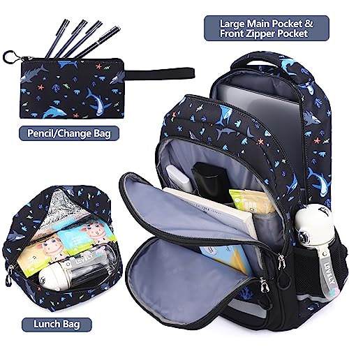 BEFUNIRISE School Backpack Kids Set Middle Elementary Preschool Kindergarten with Lunch Bag & Pencil Case Bookbags for Boys Girls Teen (Shark-Black)