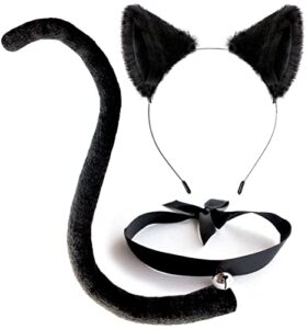 olyphan cat ears and tail costume accessories anime ear clips headband black tail long/choker for cosplay cat costume set animal ears hair clip for women, halloween, neko accessory kit