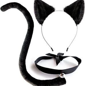 OLYPHAN Cat Ears and Tail Costume Accessories Anime Ear Clips Headband Black Tail Long/Choker for Cosplay Cat Costume Set Animal Ears Hair Clip for Women, Halloween, Neko Accessory Kit