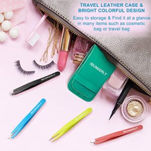 Tweezers Set, 4Pcs Tweezers for Women with Travel Leather Case, Professional Stainless Steel Eyebrows Tweezers, Great Precision Tweezers for Ingrown Hair, Facial Hair, Splinter Removal (Multi-Color)