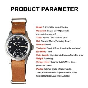 Baltany Dirty Dozen Watch Men D12 36MM Sea Gull ST1701 Movement Automatic BGW9 Luminous Vintage Military Wristwatches (Brown NAT Black)