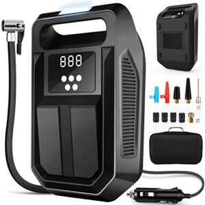 tire inflator portable air compressor 12v dc car air pump with digital display, led light, auto shut off function, set of nozzle adaptors for car, motorcycle, bicycle, ball (black)