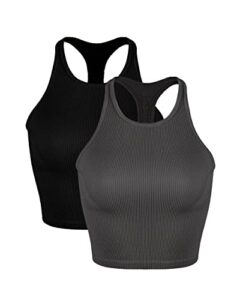 ododos women's 2 pack seamless tank tops racerback ribbed sleeveless crop top, black charcoal, x-small/small