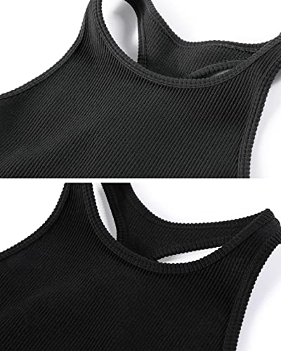 ODODOS Women's 2 Pack Seamless Tank Tops Racerback Ribbed Sleeveless Crop Top, Black Charcoal, X-Small/Small