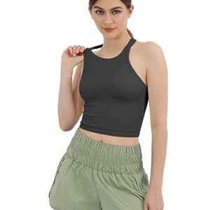 ODODOS Women's 2 Pack Seamless Tank Tops Racerback Ribbed Sleeveless Crop Top, Black Charcoal, X-Small/Small
