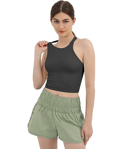 ODODOS Women's 2 Pack Seamless Tank Tops Racerback Ribbed Sleeveless Crop Top, Black Charcoal, X-Small/Small