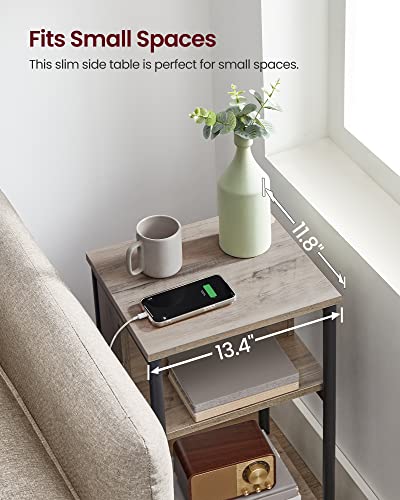 VASAGLE Side Table with Charging Station, 3-Tier End Table with USB Ports and Outlets, Nightstand for Living Room, Bedroom, 11.8 x 13.4 x 22.8 Inches, Plug-in Series, Greige and Black ULET373B02