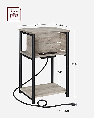 VASAGLE Side Table with Charging Station, 3-Tier End Table with USB Ports and Outlets, Nightstand for Living Room, Bedroom, 11.8 x 13.4 x 22.8 Inches, Plug-in Series, Greige and Black ULET373B02