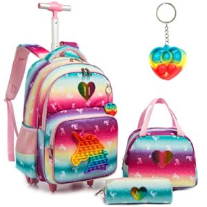 meetbelify unicorn rolling backpack for girls wheels backpacks for elementary student wheeled trolley trip kids luggage for teen girls with lunch box pencil case