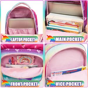 Meetbelify Unicorn Rolling Backpack for Girls Wheels Backpacks for Elementary Student Wheeled Trolley Trip Kids Luggage for Teen Girls with Lunch Box Pencil Case