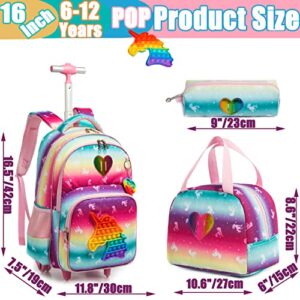 Meetbelify Unicorn Rolling Backpack for Girls Wheels Backpacks for Elementary Student Wheeled Trolley Trip Kids Luggage for Teen Girls with Lunch Box Pencil Case