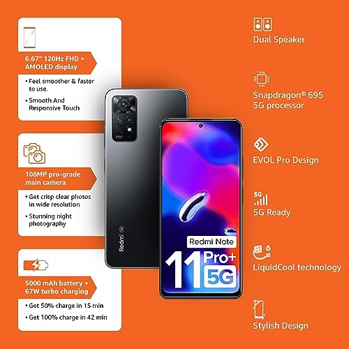 Xiaomi Redmi Note 11 Pro+ Plus 5G + 4G Global Version 256GB + 8GB Unlocked 6.67" 108MP Night Mode (Only Tmobile/Metro/Mint USA Market) + (w/Fast Car Charger 51w Bundle) (Graphite Gray)