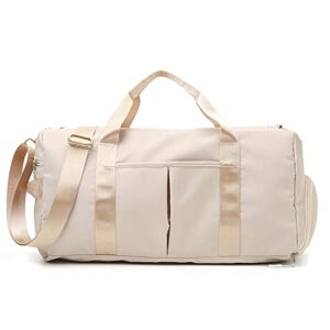 small gym bag for women and men, workout bag for sports and weekend getaway, waterproof dufflebag with shoe and wet clothes compartments (beige)
