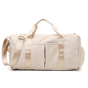 Small Gym Bag for Women and Men, Workout Bag for Sports and Weekend Getaway, Waterproof Dufflebag with Shoe and Wet Clothes Compartments (Beige)