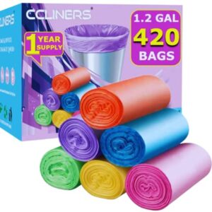 1.2 Gallon Small Trash Bags (420 Count) CCLINERS 1 Gallon Garbage Bags 5l Bathroom Trash Can Liners (420 Bags, 6 Colors)