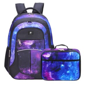 fenrici galaxy backpack and lunch box set for girls and boys, 18 inch large school bag and insulated lunch box for kids, purple, galaxy