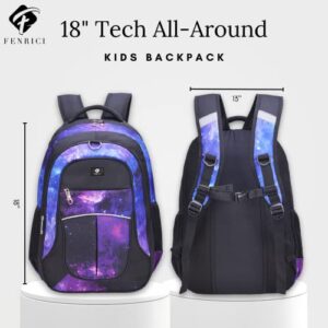 Fenrici Galaxy Backpack and Lunch Box Set for Girls and Boys, 18 inch Large School Bag and Insulated Lunch Box for Kids, Purple, Galaxy