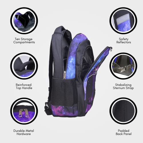 Fenrici Galaxy Backpack and Lunch Box Set for Girls and Boys, 18 inch Large School Bag and Insulated Lunch Box for Kids, Purple, Galaxy