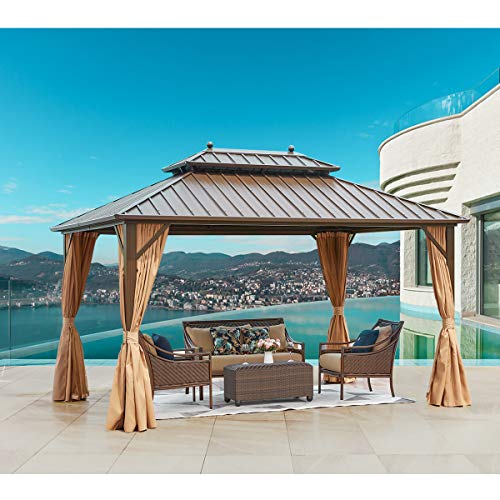 MELLCOM 10' X 13' Hardtop Gazebo, Galvanized Steel Vertical Stripe Double Roof Outdoor Gazebo, Aluminum Frame Metal Gazebo with Netting and Curtains for Patios, Gardens, Lawns