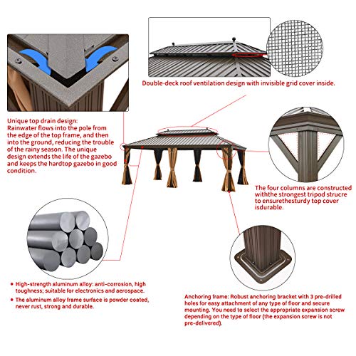 MELLCOM 12' X 20' Hardtop Gazebo, Galvanized Steel Double Vented Roof Outdoor Gazebo, Aluminum Frame Metal Gazebo with Netting and Curtains for Patios, Gardens, Lawns