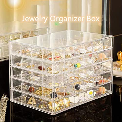 Feadily Acrylic Jewelry Organizer Box, Jewelry Drawer Organizer With 5 Drawers 120 Grids, Clear