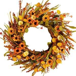 idyllic 20 inches harvest wreath, yellow and orange daisies flowers, ear of wheat, green and spring leaves wreath for front door