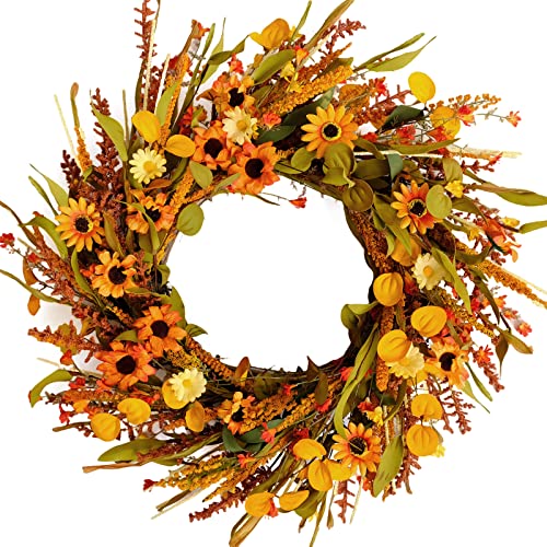 idyllic 20 Inches Harvest Wreath, Yellow and Orange Daisies Flowers, Ear of Wheat, Green and Spring Leaves Wreath for Front Door