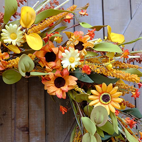 idyllic 20 Inches Harvest Wreath, Yellow and Orange Daisies Flowers, Ear of Wheat, Green and Spring Leaves Wreath for Front Door