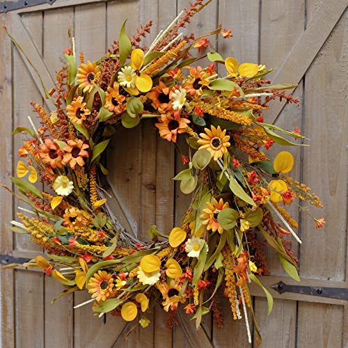 idyllic 20 Inches Harvest Wreath, Yellow and Orange Daisies Flowers, Ear of Wheat, Green and Spring Leaves Wreath for Front Door