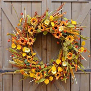 idyllic 20 Inches Harvest Wreath, Yellow and Orange Daisies Flowers, Ear of Wheat, Green and Spring Leaves Wreath for Front Door