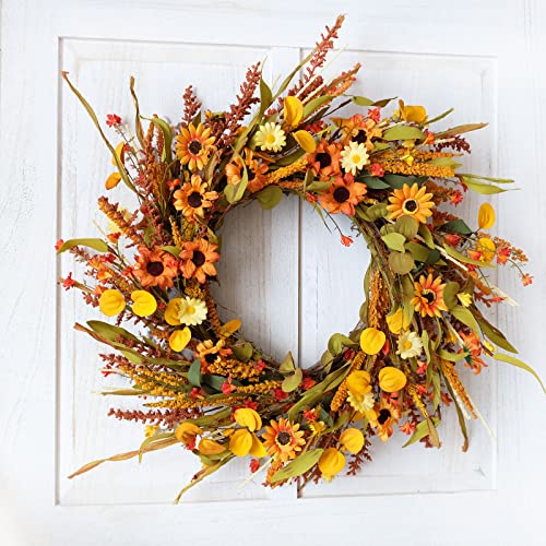 idyllic 20 Inches Harvest Wreath, Yellow and Orange Daisies Flowers, Ear of Wheat, Green and Spring Leaves Wreath for Front Door