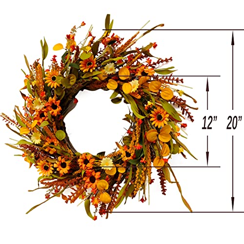 idyllic 20 Inches Harvest Wreath, Yellow and Orange Daisies Flowers, Ear of Wheat, Green and Spring Leaves Wreath for Front Door