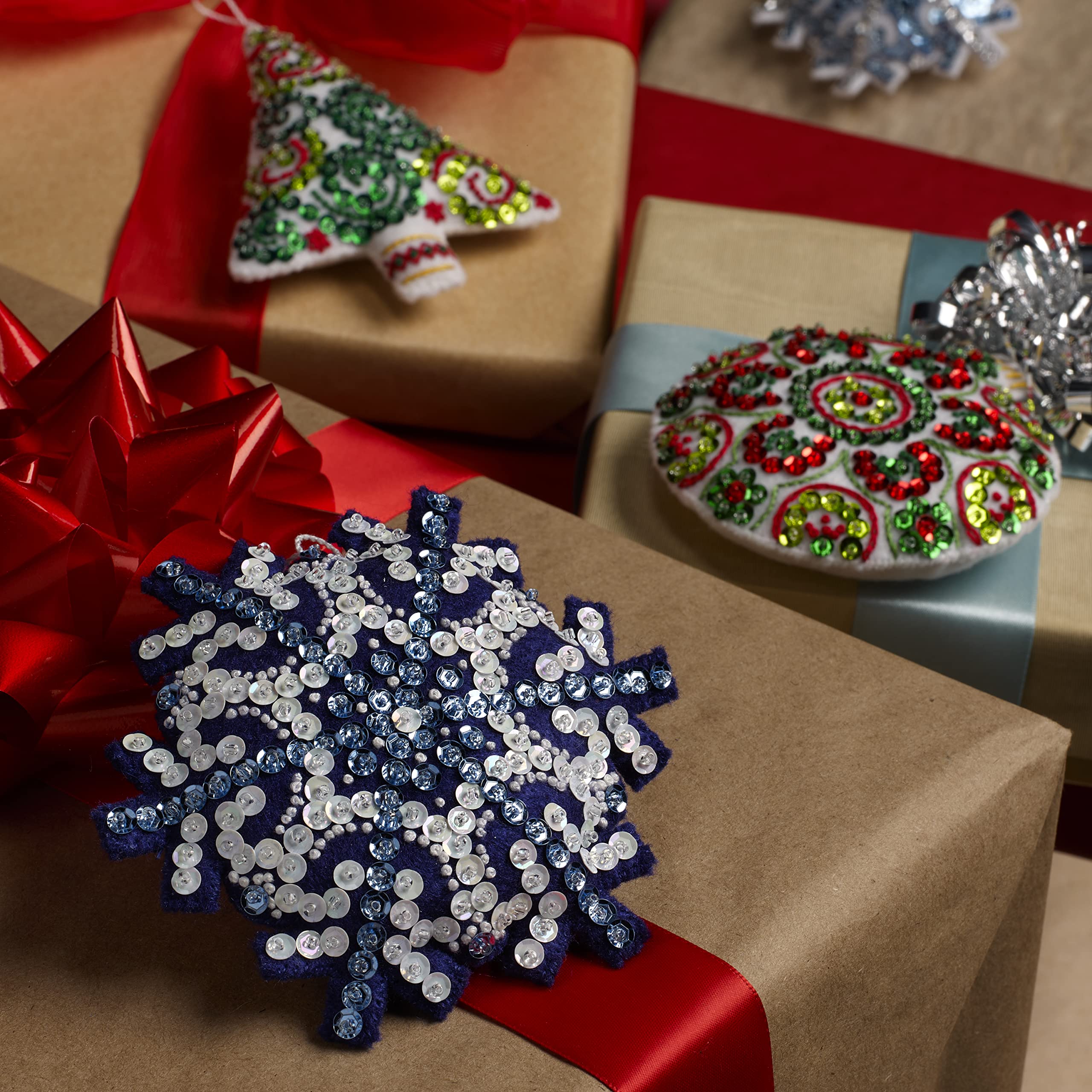 Bucilla Felt Applique 6 Piece Ornament Making Kit, Mandala Christmas, Perfect for DIY Arts and Crafts, 89499E