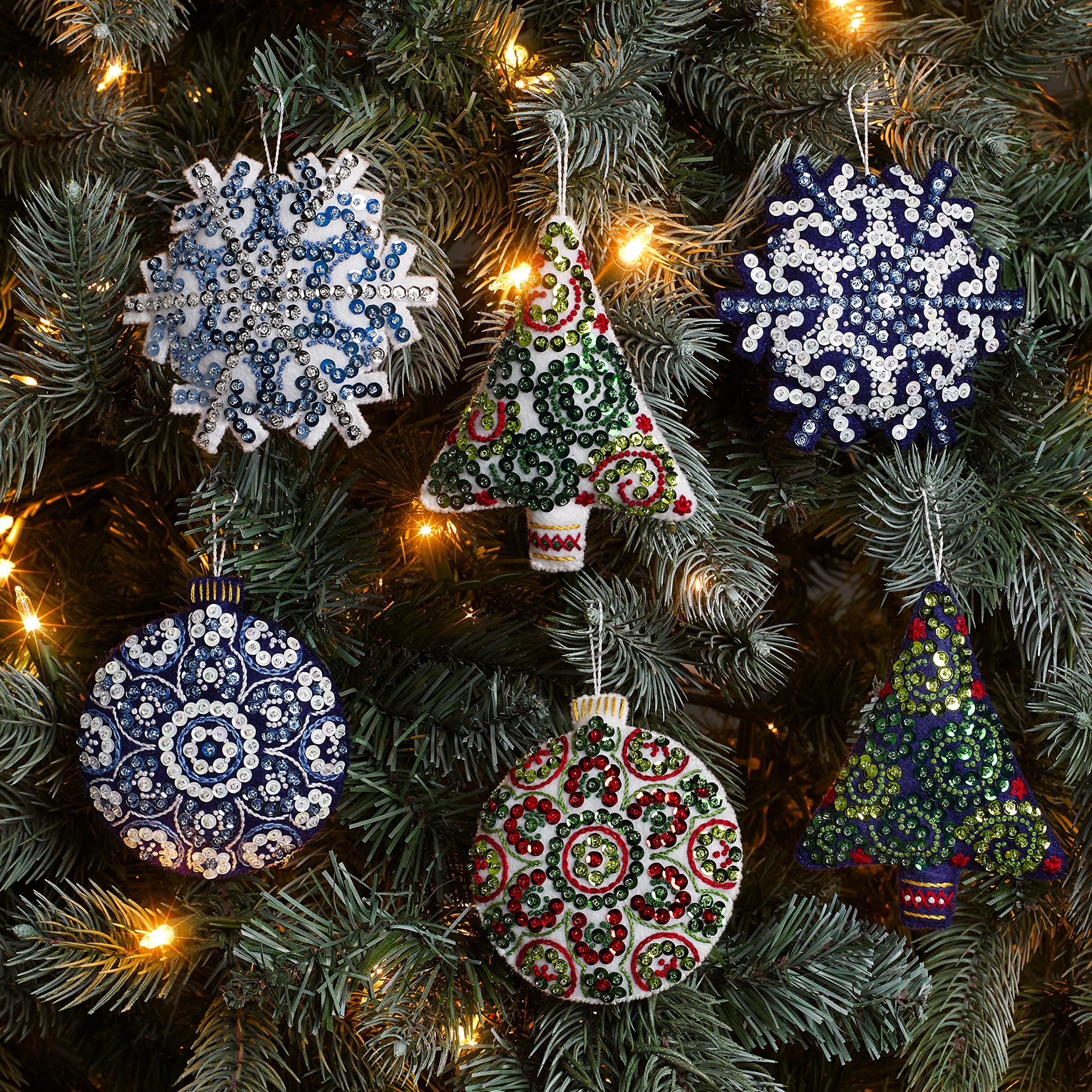 Bucilla Felt Applique 6 Piece Ornament Making Kit, Mandala Christmas, Perfect for DIY Arts and Crafts, 89499E