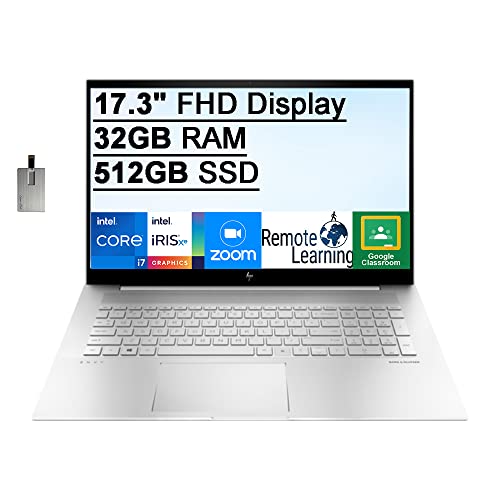 HP 2022 Envy 17.3" FHD Touchscreen Laptop, Intel Core i7-1165G7, 32GB RAM, 512GB SSD, Backlit Keyboard, Intel Iris Xe Graphics, Fingerprint Reader, Webcam, Windows 11 Pro, Silver, 32GB USB Card