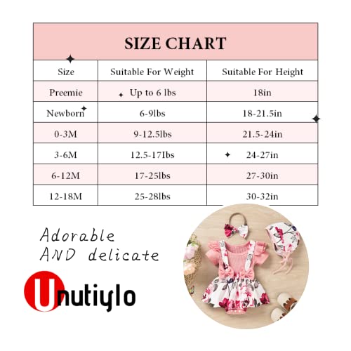 Unutiylo Preemie Newborn Baby Girl Clothes Infant Ribbed Cotton Romper Bodysuit Floral Bowknot Suspender Dress + Sun Hat + Headband Premie Spring Summer Outfits Ruffle Short Sleeve Short Set Pink