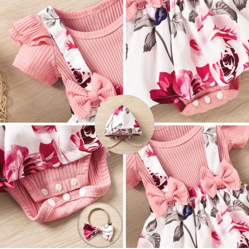 Unutiylo Preemie Newborn Baby Girl Clothes Infant Ribbed Cotton Romper Bodysuit Floral Bowknot Suspender Dress + Sun Hat + Headband Premie Spring Summer Outfits Ruffle Short Sleeve Short Set Pink